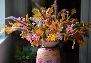 Artificial Autumn Flower Arrangement – Pink Alstroemeria, Purple Grass & Autumn Leaves
