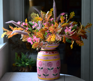 Artificial Autumn Flower Arrangement – Pink Alstroemeria, Purple Grass & Autumn Leaves