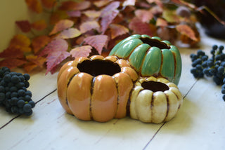 Three Pumpkin Ceramic Pot – Vintage Orange, Turquoise & Cream