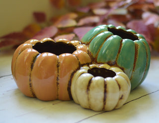 Three Pumpkin Ceramic Pot – Vintage Orange, Turquoise & Cream