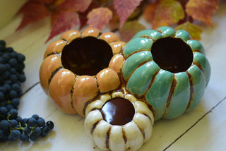Three Pumpkin Ceramic Pot – Vintage Orange, Turquoise & Cream