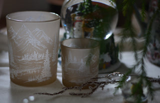 Mountain Scene Glass Tea Light Holders.