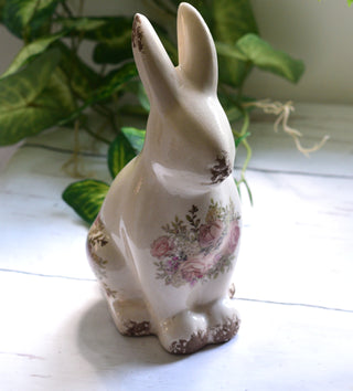 Vintage Rose Ceramic Rabbit Ornament – Distressed Country Cottage Décor