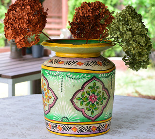 Hand-Painted Green Indian Decorative Pot | Large Artisan Wooden Vessel
