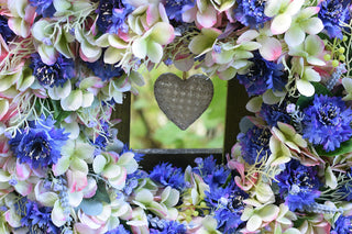 Two-toned faux hydrangea and cornflower wreath