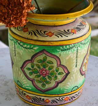 Hand-Painted Green Indian Decorative Pot | Large Artisan Wooden Vessel