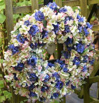 Two-toned faux hydrangea and cornflower wreath