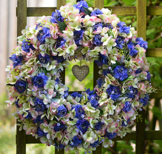 Two-toned faux hydrangea and cornflower wreath
