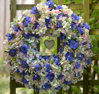 Two-toned faux hydrangea and cornflower wreath