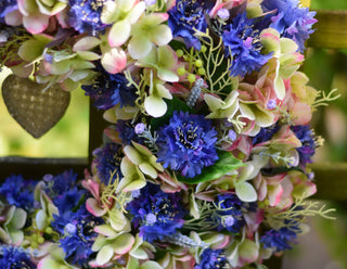 Two-toned faux hydrangea and cornflower wreath