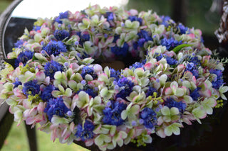 Two-toned faux hydrangea and cornflower wreath