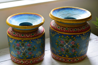 Indian Folk Art Wooden Pot | Hand-Painted Blue Decorative Vessel