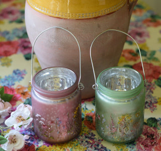 Pearlised Glass Pink & Green T-Light Holders