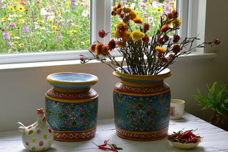 Indian Folk Art Wooden Pot | Hand-Painted Blue Decorative Vessel