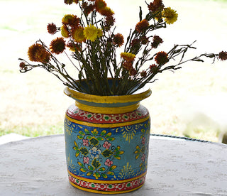 Indian Folk Art Wooden Pot | Hand-Painted Blue Decorative Vessel