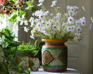 Hand-Painted Green  Decorative Pot | Large Artisan Wooden Vessel