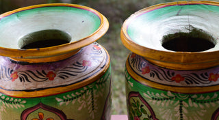 Hand-Painted Green Indian Decorative Pot | Large Artisan Wooden Vessel