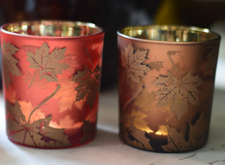 Autumn Leaf Glass Candle Holders – Brown, Orange & Red