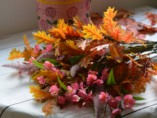 Artificial Autumn Flower Arrangement – Pink Alstroemeria, Purple Grass & Autumn Leaves