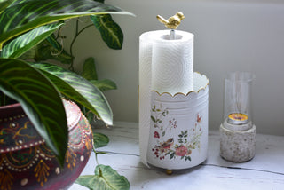 Country Garden Bird & Floral Kitchen Roll Holder – White & Gold