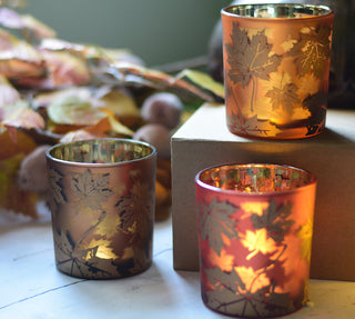 Autumn Leaf Glass Candle Holders – Brown, Orange & Red