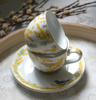 Golden Mimosa & Bird Coffee Cup & Saucer Set (240 ml, Set of 2)