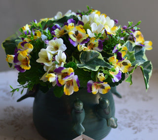 Green Bird Pot with Faux Pansies Arrangement