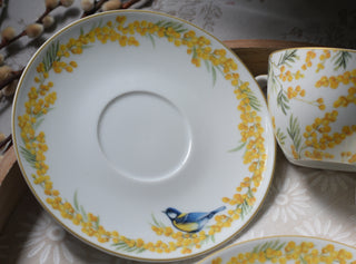 Golden Mimosa & Bird Coffee Cup & Saucer Set (240 ml, Set of 2)
