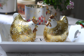 Gold Decorative Hen Ornaments | Country Cottage Chicken Pair