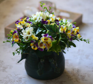 Green Bird Pot with Faux Pansies Arrangement