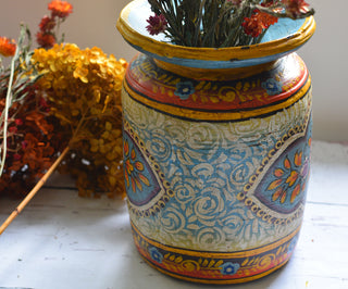 Hand-Painted Blue and Honey Indian Decorative Pot