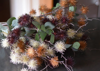 Faux burdock seeds spray in white,yellow and purple colours