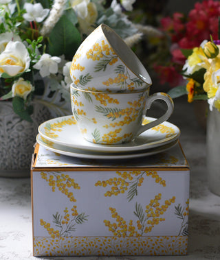 Golden Mimosa & Bird Coffee Cup & Saucer Set (240 ml, Set of 2)