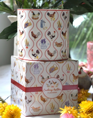 Farmhouse Rooster Porcelain Cutlery Holder with Wooden Divider