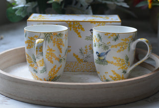 Mimosa & Blue Tit Porcelain Mug Set – Gift Boxed (Set of 2, 350ml)