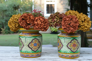 Hand-Painted Green Indian Decorative Pot | Large Artisan Wooden Vessel