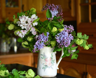 Vintage pitcher vase featuring old botanical-style rose prints