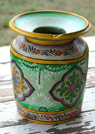 Hand-Painted Green Indian Decorative Pot | Large Artisan Wooden Vessel