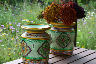 Hand-Painted Green Indian Decorative Pot | Large Artisan Wooden Vessel