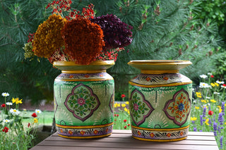 Hand-Painted Green Indian Decorative Pot | Large Artisan Wooden Vessel