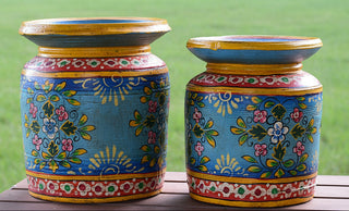 Indian Folk Art Wooden Pot | Hand-Painted Blue Decorative Vessel