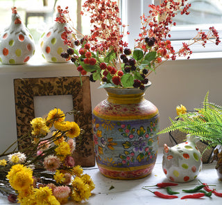 Hand-Painted Duck Egg Blue &amp; Honey Indian Decorative Pot