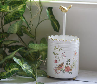 Country Garden Bird & Floral Kitchen Roll Holder – White & Gold