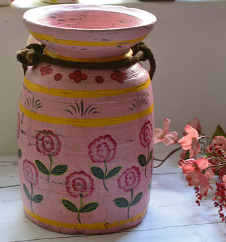 Hand-Painted Pink Floral Wooden Pot with Rustic Rope Detail