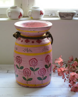 Hand-Painted Pink Floral Wooden Pot with Rustic Rope Detail