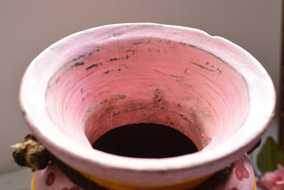 Hand-Painted Pink Floral Wooden Pot with Rustic Rope Detail