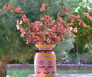 Hand-Painted Pink Floral Wooden Pot with Rustic Rope Detail
