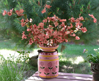 Hand-Painted Pink Floral Wooden Pot with Rustic Rope Detail