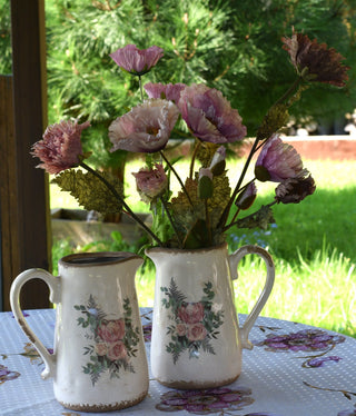 Vintage pitcher vase featuring old botanical-style rose prints