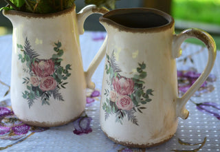 Vintage pitcher vase featuring old botanical-style rose prints